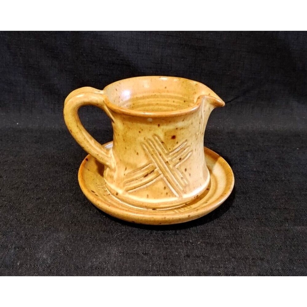 Vintage Studio Pottery Ceramic Brown Tan Glazed Syrup W Attached Plate Planter
